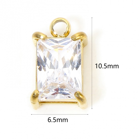 Bild von 1 Stück Umweltfreundliche PVD-Vakuumbeschichtung 304 Edelstahl Geometrisch Charms 18K Echtgold plattiert Rechteck Mini Klar Zirkonia 10.5mm x 6.5mm