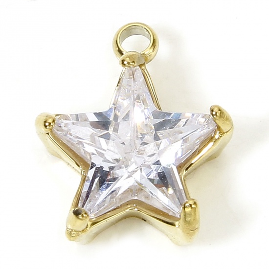 Imagen de 1 Piece Vacuum Plating 304 Stainless Steel Geometric Charms Gold Plated Pentagram Star Clear Rhinestone 12mm x 10mm