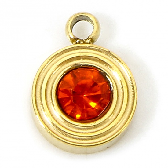 Immagine di 1 Pz Placcatura Sottovuoto 304 Acciaio Inossidabile Pietre Nascita Ciondoli Tondo Oro Placcato Anello Arancione-Rosso Strass 8mm x 6mm