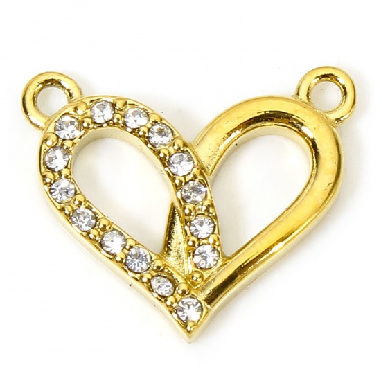 Immagine di 1 Piece Vacuum Plating 304 Stainless Steel Valentine's Day Connectors Charms Pendants Gold Plated Heart Hollow Clear Rhinestone 15.5mm x 13mm