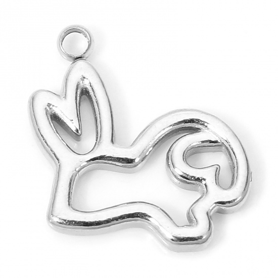 Picture of 1 Piece Eco-friendly 304 Stainless Steel Cute Charms Silver Tone Rabbit Animal Hollow 14mm x 11mm