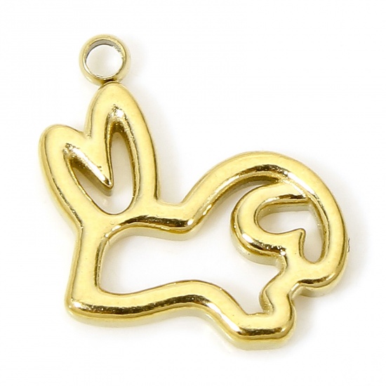 Picture of 1 Piece Vacuum Plating 304 Stainless Steel Cute Charms Gold Plated Rabbit Animal Hollow 14mm x 11mm