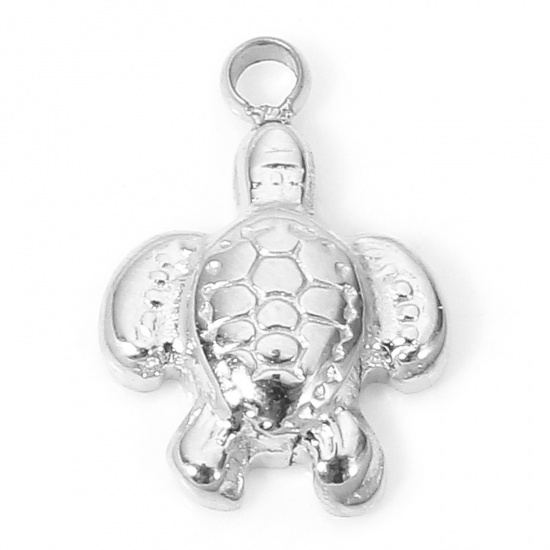 Picture of 1 Piece Eco-friendly 304 Stainless Steel Ocean Jewelry Charms Silver Tone Sea Turtle Animal 10.5mm x 7.5mm