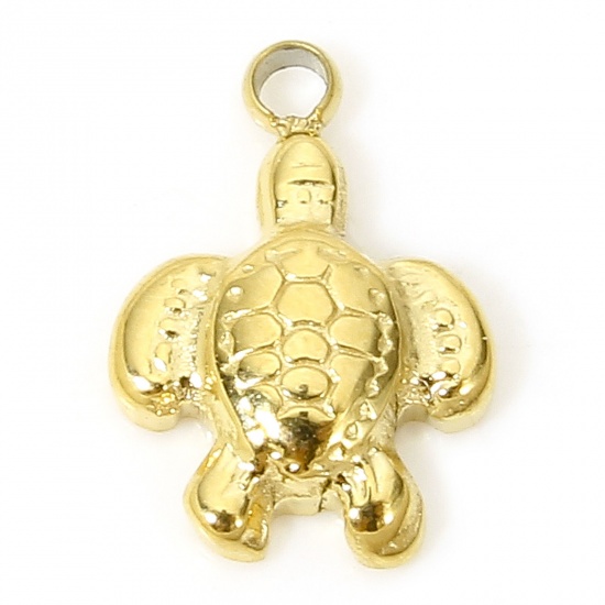 Picture of 1 Piece Vacuum Plating 304 Stainless Steel Ocean Jewelry Charms Gold Plated Sea Turtle Animal 10.5mm x 7.5mm