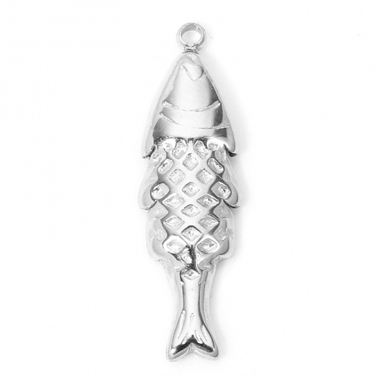 Picture of 1 Piece Eco-friendly 304 Stainless Steel Ocean Jewelry Charms Silver Tone Fish Animal 22.5mm x 7mm