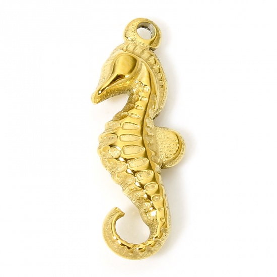 Picture of 1 Piece Vacuum Plating 304 Stainless Steel Ocean Jewelry Charms Gold Plated Seahorse Animal 21mm x 8mm