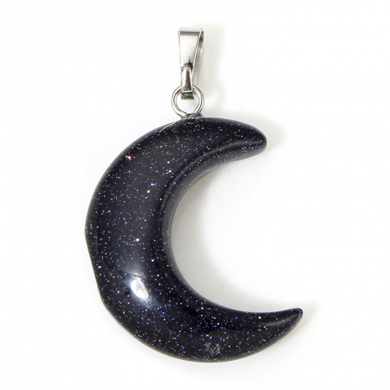 Picture of 1 Piece Blue Sand Stone ( Natural ) Galaxy Charms Dark Blue Half Moon 3.5cm x 2.3cm
