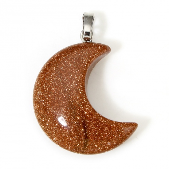 Picture of 1 Piece Gold Sand Stone ( Natural ) Galaxy Charms Brown Half Moon 3.5cm x 2.3cm