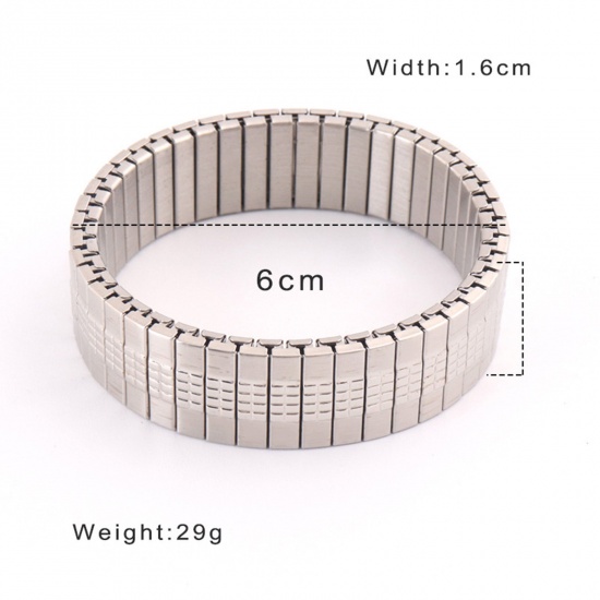 Picture of 1 Piece 304 Stainless Steel Men's Bangles Bracelets Silver Tone Grid Checker Elastic 19cm(7 4/8") long, 16mm wide