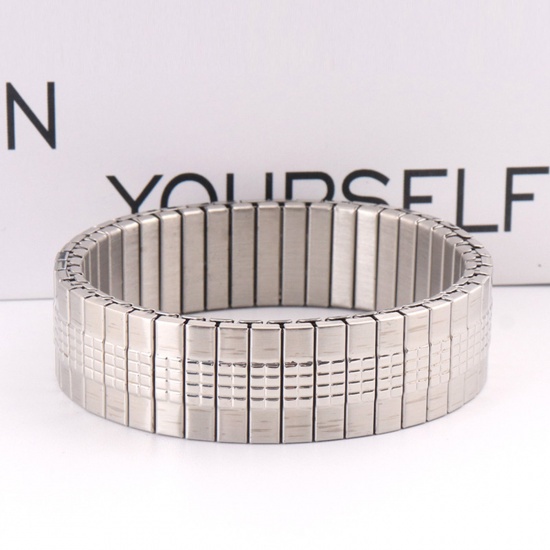 Picture of 1 Piece 304 Stainless Steel Men's Bangles Bracelets Silver Tone Grid Checker Elastic 19cm(7 4/8") long, 16mm wide