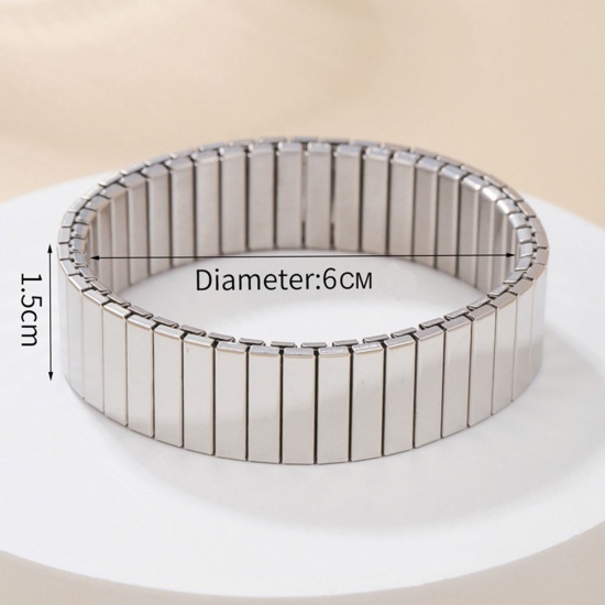 Picture of 1 Piece 304 Stainless Steel Men's Bangles Bracelets Silver Tone Elastic 19cm(7 4/8") long, 16mm wide