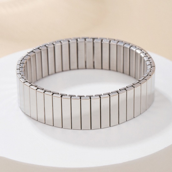 Picture of 1 Piece 304 Stainless Steel Men's Bangles Bracelets Silver Tone Elastic 19cm(7 4/8") long, 16mm wide