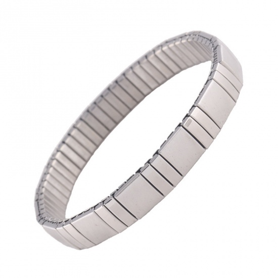 Picture of 1 Piece 304 Stainless Steel Men's Bangles Bracelets Silver Tone Rectangle Elastic 19cm(7 4/8") long, 9mm wide