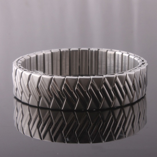Picture of 1 Piece 304 Stainless Steel Men's Bangles Bracelets Silver Tone Wave Elastic 19cm(7 4/8") long, 14mm wide