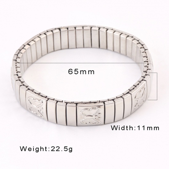 Picture of 1 Piece 304 Stainless Steel Men's Bangles Bracelets Silver Tone Butterfly Elastic 19cm(7 4/8") long, 11mm wide