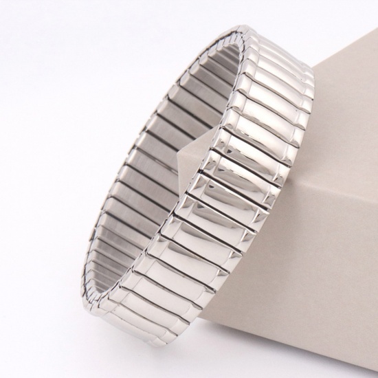 Picture of 1 Piece 304 Stainless Steel Men's Bangles Bracelets Silver Tone Bamboo Weaving Elastic 19cm(7 4/8") long, 14mm wide