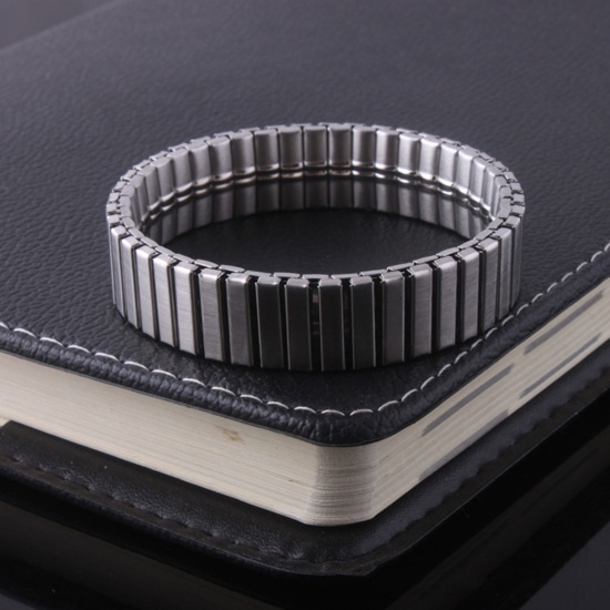 Picture of 1 Piece 304 Stainless Steel Men's Bangles Bracelets Silver Tone Stripe Elastic 19cm(7 4/8") long, 14mm wide
