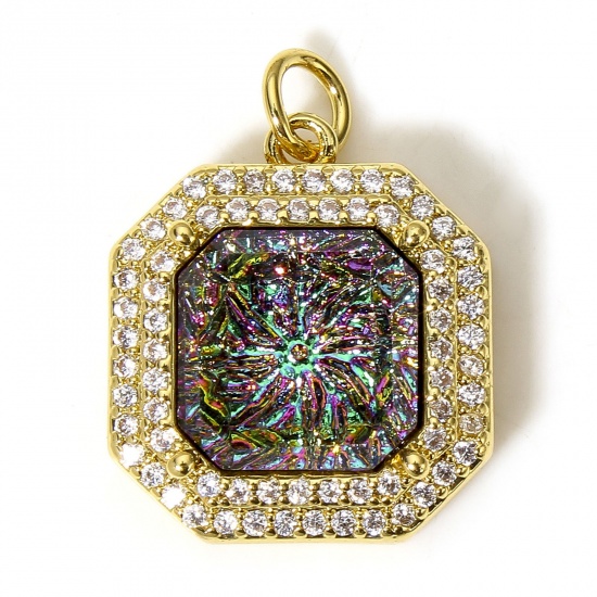 Picture of 1 Piece Eco-friendly Brass Micro Pave Charms 18K Real Gold Plated Octagon Clear Cubic Zirconia 22mm x 16mm