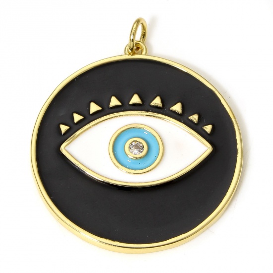Picture of 1 Piece Eco-friendly Brass Religious Pendants 18K Real Gold Plated Black Round Evil Eye Enamel Clear Cubic Zirconia 3.3cm x 2.7cm