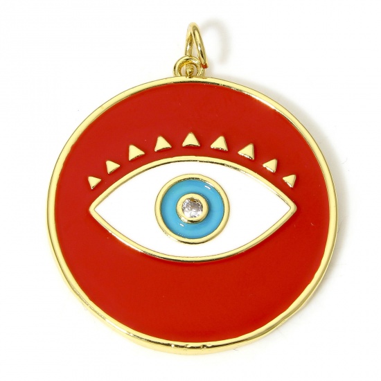 Picture of 1 Piece Eco-friendly Brass Religious Pendants 18K Real Gold Plated Red Round Evil Eye Enamel Clear Cubic Zirconia 3.3cm x 2.7cm