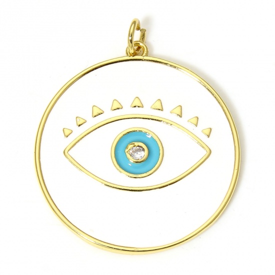 Picture of 1 Piece Eco-friendly Brass Religious Pendants 18K Real Gold Plated White Round Evil Eye Enamel Clear Cubic Zirconia 3.3cm x 2.7cm