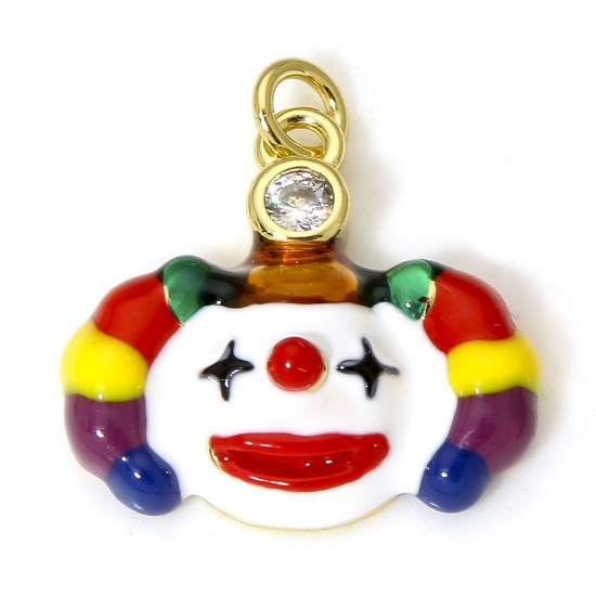 Picture of 1 Piece Eco-friendly Brass Charms 18K Real Gold Plated Multicolor Clown Enamel Clear Cubic Zirconia 18mm x 16mm