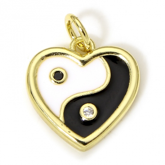 Picture of 1 Piece Eco-friendly Brass Religious Charms 18K Real Gold Plated Black & White Yin Yang Eight Diagrams Enamel Clear Cubic Zirconia 17mm x 13mm