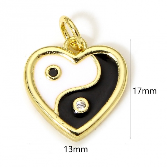 Image de 1 Pièce Breloques Religieux en Laiton Respectueux de la Nature Huit Trigrammes Plaqué Or Véritable 18K Noir & Blanc Émail à Zircone Cubique Clair 17mm x 13mm