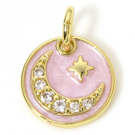 Picture of 1 Piece Eco-friendly Brass Religious Charms 18K Real Gold Plated Pink Star And Crescent Enamel Clear Cubic Zirconia 14mm x 10mm