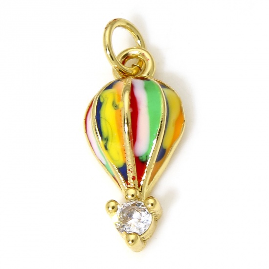 Picture of 1 Piece Eco-friendly Brass Transport Charms 18K Real Gold Plated Multicolor Fire Balloon Enamel Clear Cubic Zirconia 17mm x 7mm