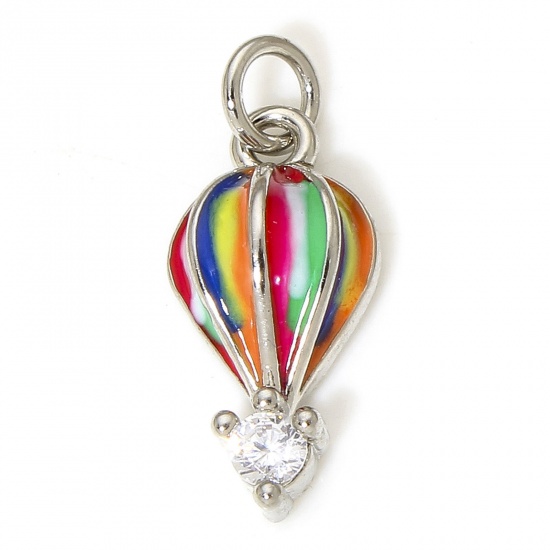 Picture of 1 Piece Eco-friendly Brass Transport Charms Real Platinum Plated Multicolor Fire Balloon Enamel Clear Cubic Zirconia 17mm x 7mm