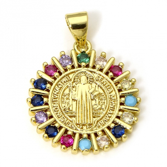 Picture of 1 Piece Eco-friendly Brass Religious Charms 18K Real Gold Plated Round St. Benedict Medal Multicolour Cubic Zirconia 25mm x 18mm