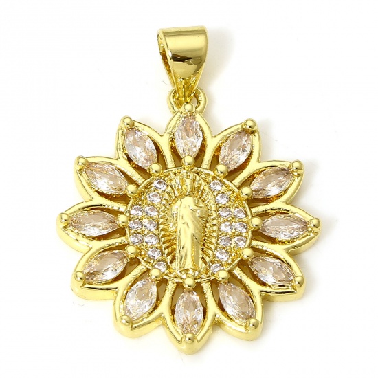 Picture of 1 Piece Eco-friendly Brass Religious Charms 18K Real Gold Plated Flower Jesus Micro Pave Clear Cubic Zirconia 26mm x 20mm