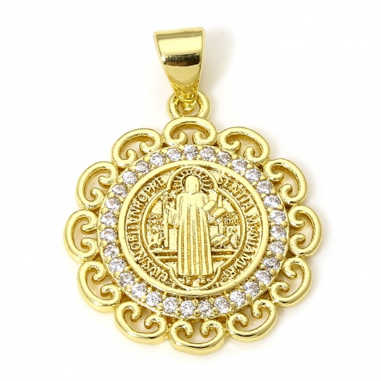 Picture of 1 Piece Eco-friendly Brass Religious Charms 18K Real Gold Plated St. Benedict Medal Micro Pave Clear Cubic Zirconia 25mm x 18mm