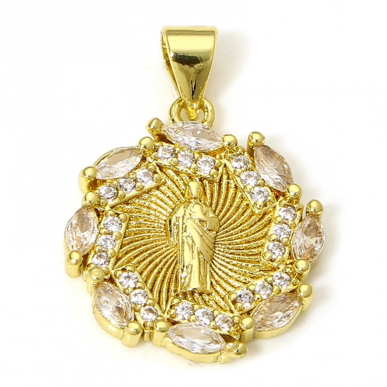Picture of 1 Piece Eco-friendly Brass Religious Charms 18K Real Gold Plated Jesus Clear Cubic Zirconia 23mm x 17mm