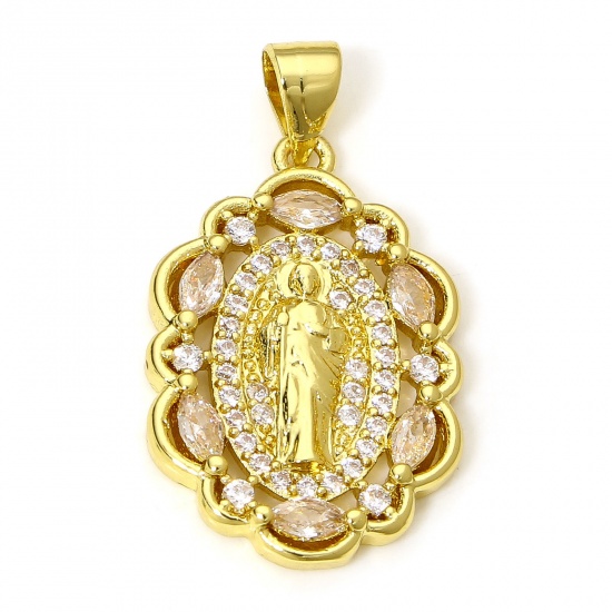 Picture of 1 Piece Eco-friendly Brass Religious Charms 18K Real Gold Plated Jesus Clear Cubic Zirconia 27mm x 15mm