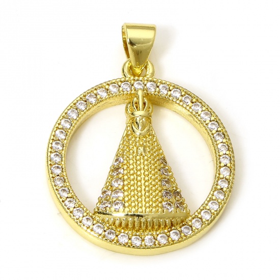 Picture of 1 Piece Eco-friendly Brass Religious Charms 18K Real Gold Plated The Pope Micro Pave Clear Cubic Zirconia 27mm x 20mm