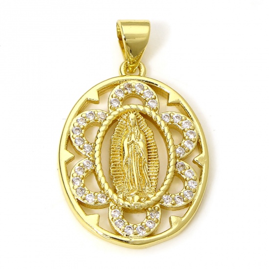 Picture of 1 Piece Eco-friendly Brass Religious Charms 18K Real Gold Plated Oval Virgin Mary Micro Pave Clear Cubic Zirconia 27mm x 17mm