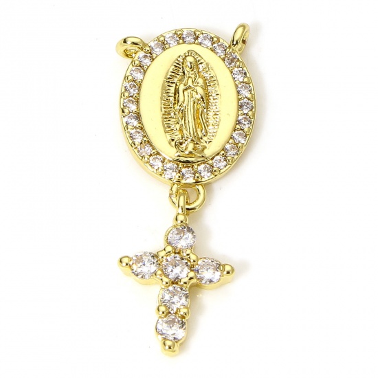 Picture of 1 Piece Eco-friendly Brass Religious Charms 18K Real Gold Plated Oval Cross Micro Pave Clear Cubic Zirconia 25mm x 10mm
