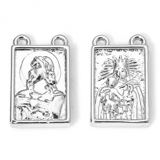 Picture of 1 Piece Eco-friendly Brass Religious Charms Real Platinum Plated Virgin Mary Double Sided 13mm x 8mm