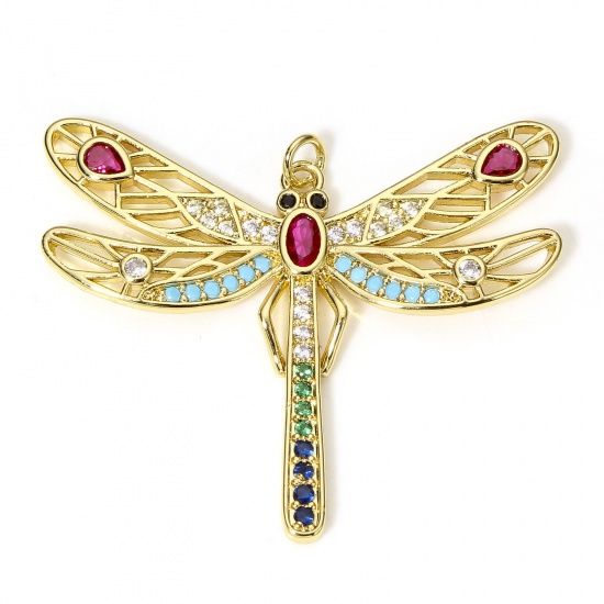 Picture of 1 Piece Eco-friendly Brass Insect Pendants 18K Real Gold Plated Dragonfly Animal Micro Pave Multicolour Cubic Zirconia 4.5cm x 3.8cm