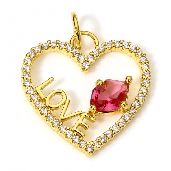 Picture of 1 Piece Eco-friendly Brass Valentine's Day Charms 18K Real Gold Plated Heart Flower Message " LOVE " Micro Pave Clear Cubic Zirconia 20mm x 17mm
