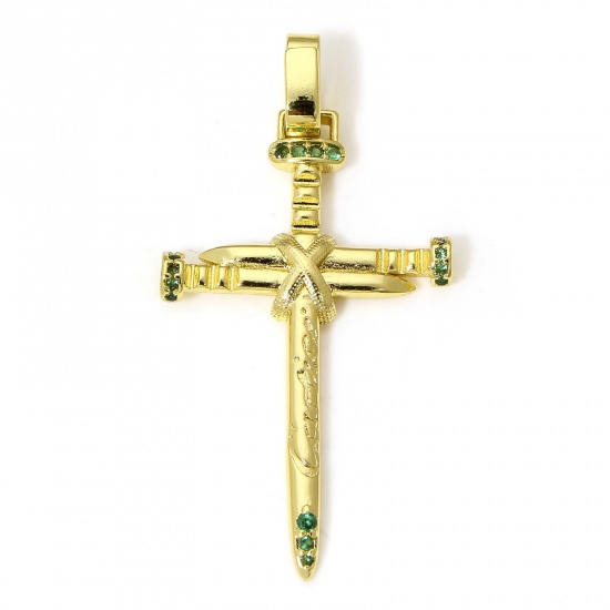 Picture of 1 Piece Eco-friendly Brass Religious Pendants 18K Real Gold Plated Cross Micro Pave Green Cubic Zirconia 4.3cm x 2.2cm