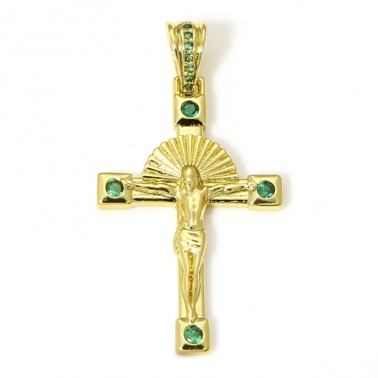 Picture of 1 Piece Eco-friendly Brass Religious Pendants 18K Real Gold Plated Cross Jesus Green Cubic Zirconia 4cm x 2.1cm