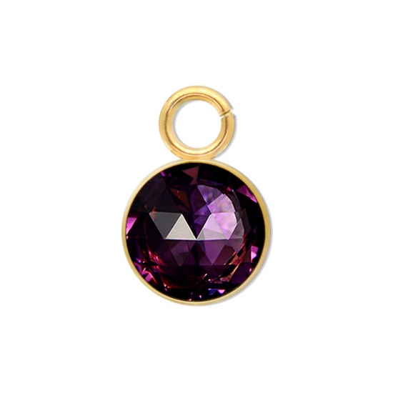 Immagine di 5 PCs 304 Stainless Steel Charms Gold Plated Round Deep Purple Rhinestone 9mm x 6mm