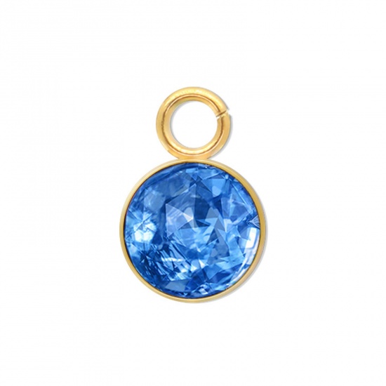 Immagine di 5 PCs 304 Stainless Steel Charms Gold Plated Round Skyblue Rhinestone 9mm x 6mm