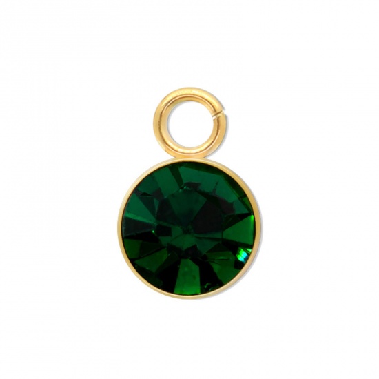 Immagine di 5 PCs 304 Stainless Steel Charms Gold Plated Round Dark Green Rhinestone 9mm x 6mm
