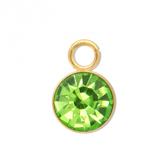 Immagine di 5 PCs 304 Stainless Steel Charms Gold Plated Round Light Green Rhinestone 9mm x 6mm