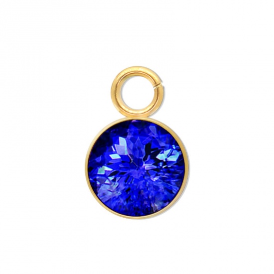 Immagine di 5 PCs 304 Stainless Steel Charms Gold Plated Round Royal Blue Rhinestone 9mm x 6mm