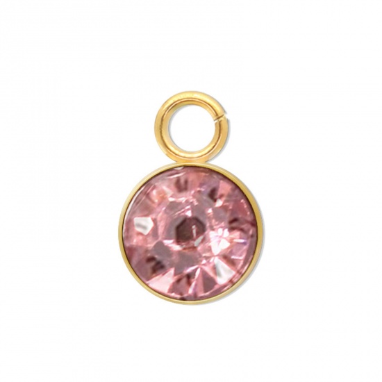 Immagine di 5 PCs 304 Stainless Steel Charms Gold Plated Round Pink Rhinestone 9mm x 6mm